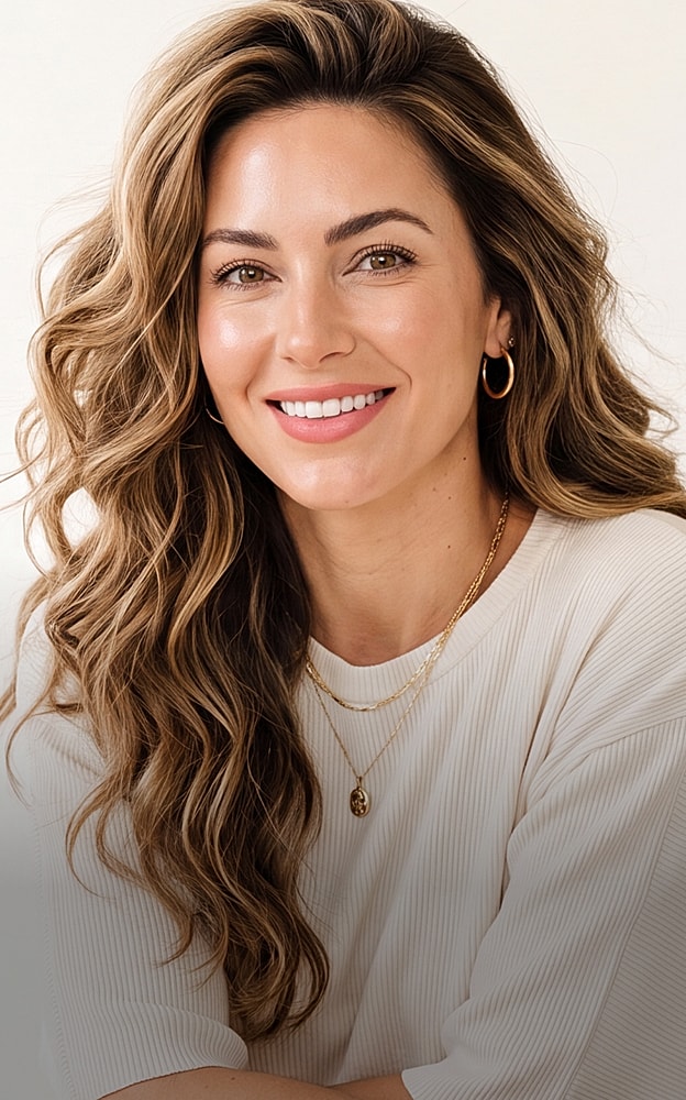 Smiling woman with long, wavy hair and earrings.