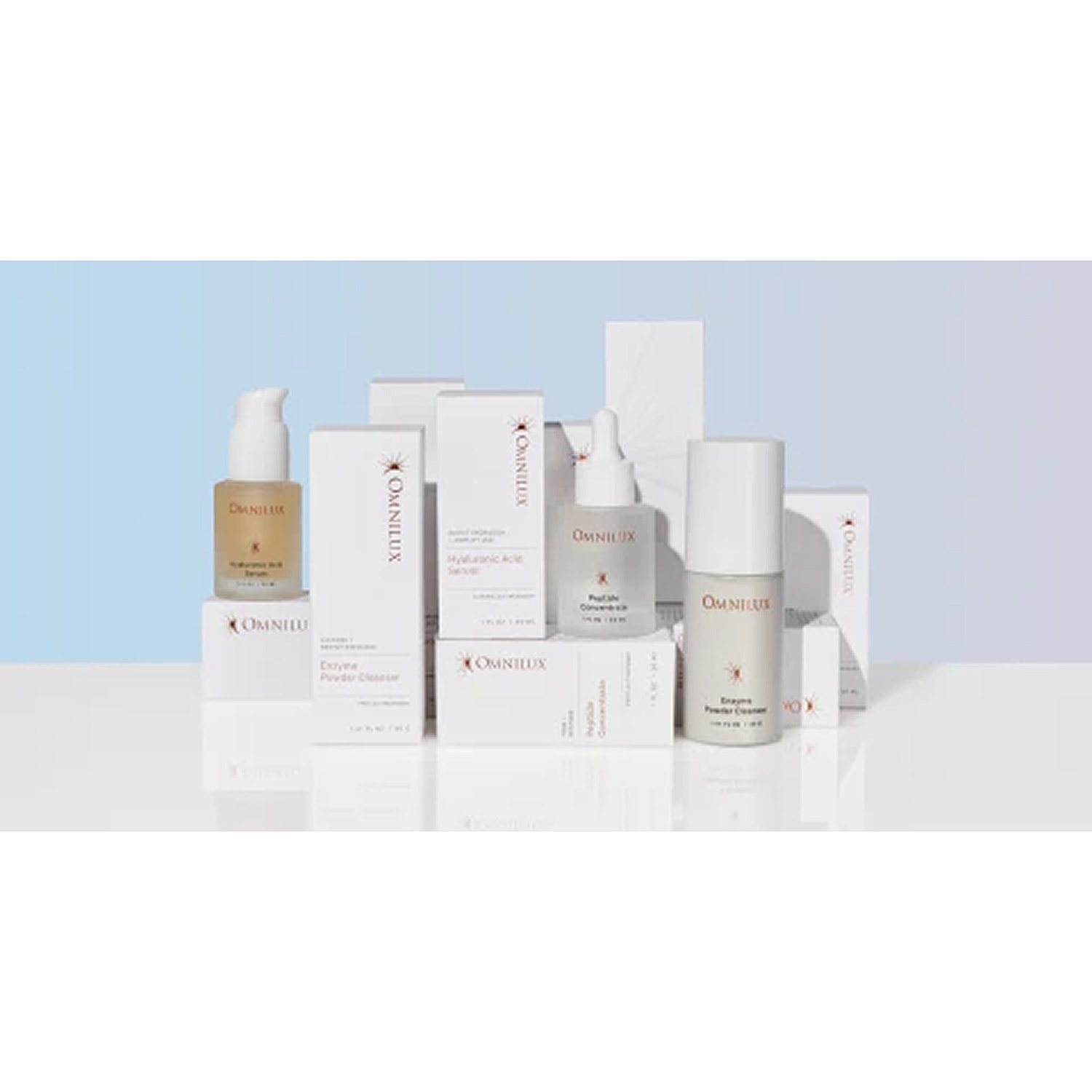 Omnilux skincare products in elegant packaging.
