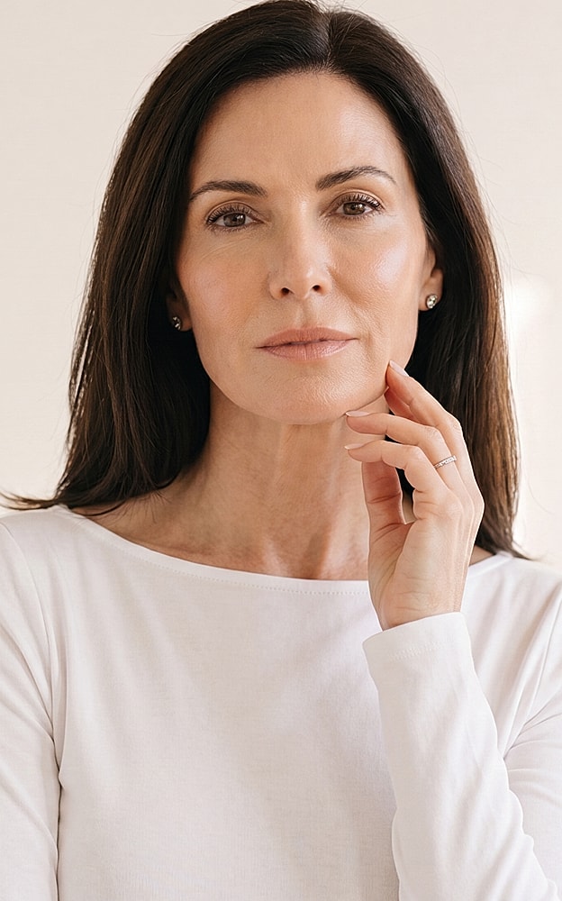 Woman with long hair in white top.