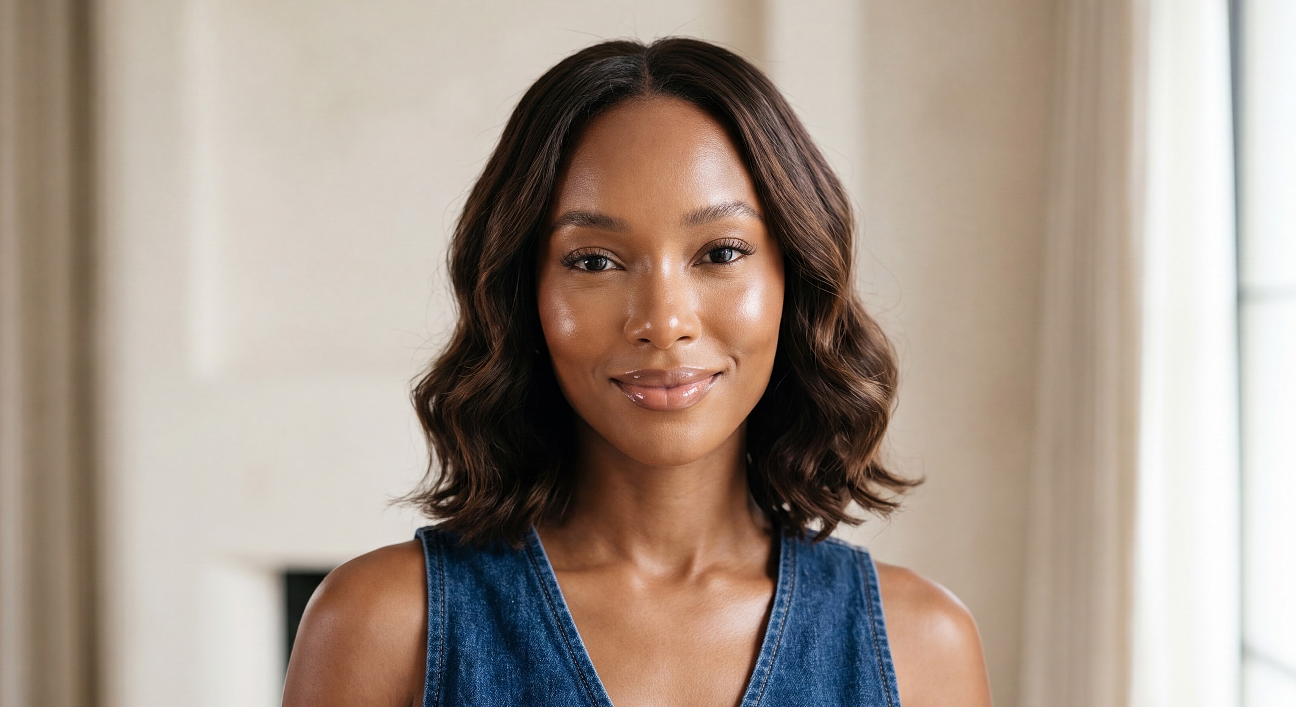 Smiling woman in denim top, indoors.