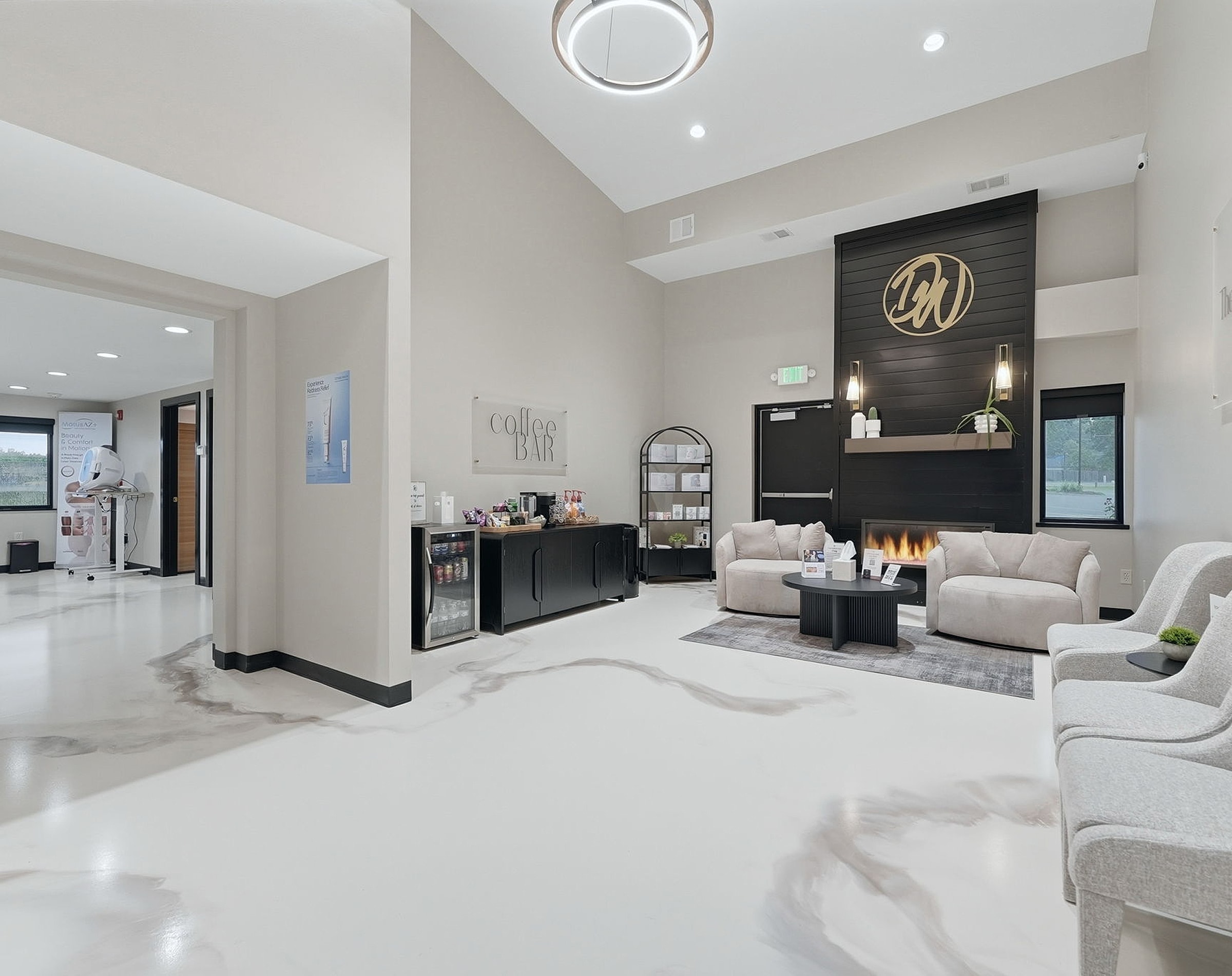 Modern reception area with cozy seating.